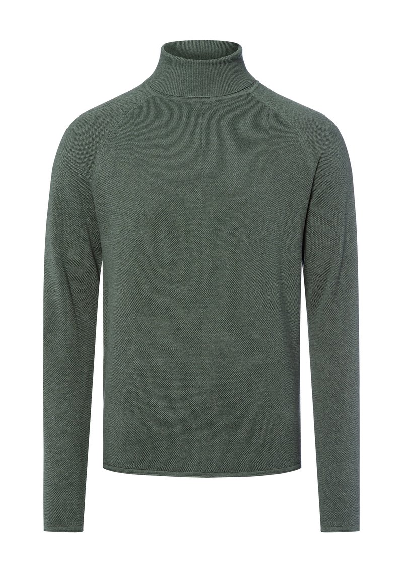 Groen langemouw turtleneck trui met een gestructureerd breipatroon en raglanmouwen, met een hoge kraag en een rechte zoom.