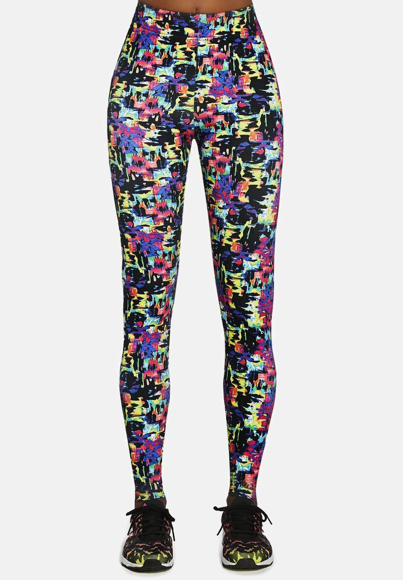Legginsy z wysokim stanem w wielokolorowy, abstrakcyjny wzór, z odcieniami czerni, różu, niebieskiego i żółtego. Wykonane z elastycznego, gładkiego materiału.