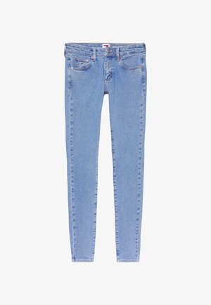 Jeans in denim azzurro chiaro, slim fit, design a cinque tasche, con cuciture in contrasto e accessori metallici. Texture liscia, taglio pulito, vita media.