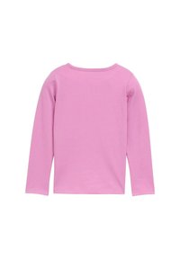 Camicia a maniche lunghe in cotone rosa chiaro, con scollatura rotonda e design slanciato. Senza pattern o hardware visibile.