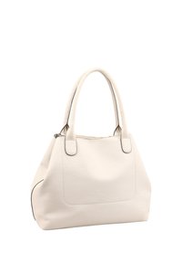 Gestructureerde witte leren handtas met twee ronde handvatten, een groot hoofdcompartiment en subtiele stikdetails langs de randen en naden.