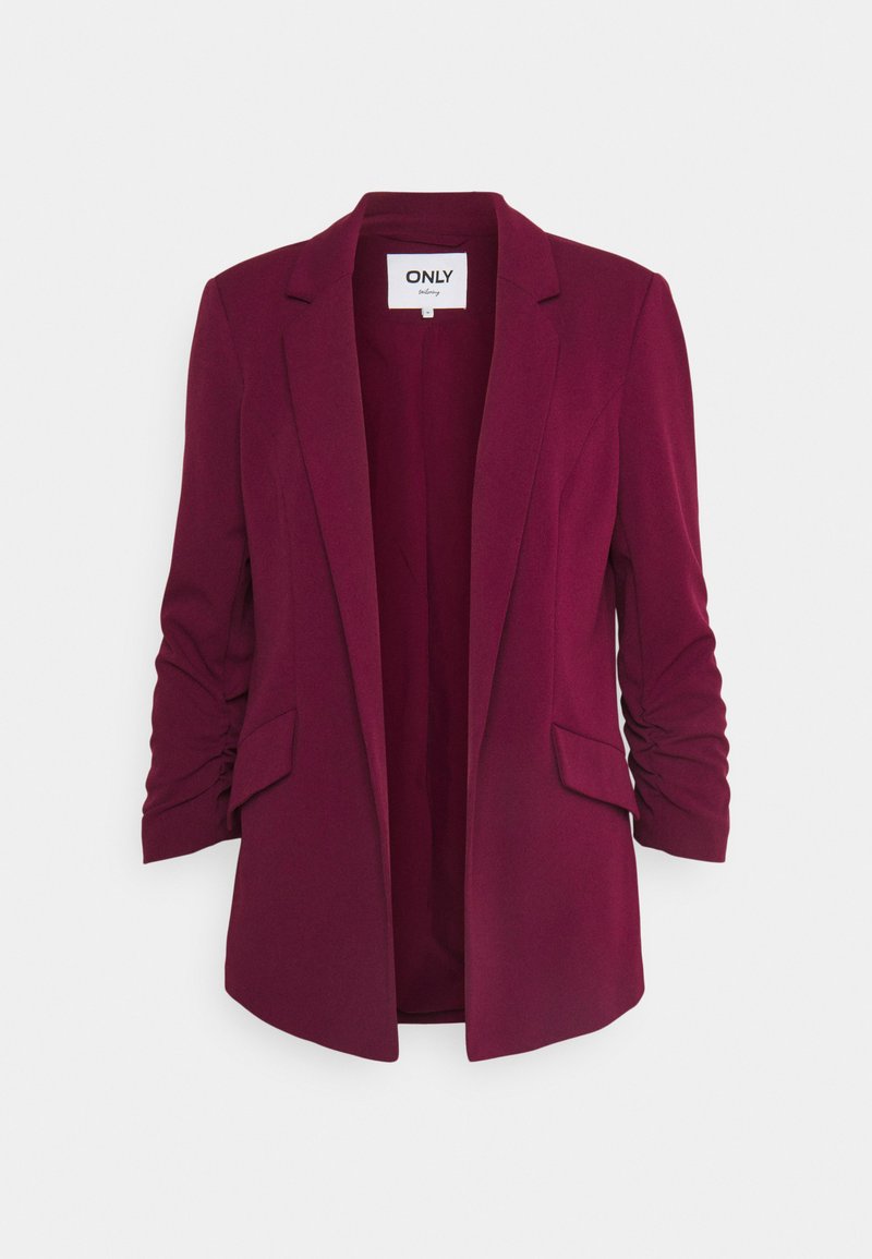 Maroon blazer with a tailored fit, long sleeves featuring rolled cuffs, and two front pockets. Made from smooth fabric with a lapel collar.