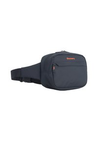 Borsa in tessuto nera a vita con forma rettangolare, dotata di due scomparti con zip e una tracolla regolabile. Logo arancione "Discovery" ben in vista.