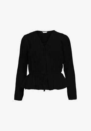 Črna peplum bluza iz teksturiranega blaga, z dolgimi rokavi, V-izrezom in zanko za prilagoditev pasu.