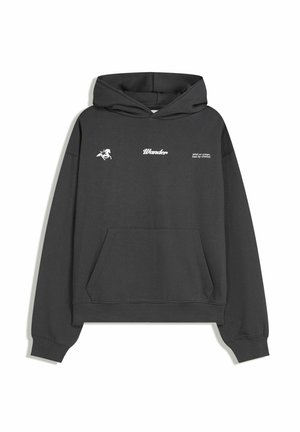 Dark gray hoodie made from cotton, featuring a front pocket, drawstring hood, and white logo accents on the chest and sleeve.