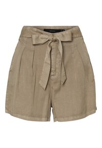Shorts khaki avec une taille en forme de sac en papier, ceinture en tissu nouée, avant plissé et poches latérales. Fabriqué en tissu léger avec une texture lisse.
