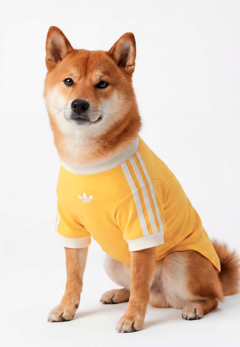 Chien Shiba Inu assis portant un t-shirt jaune Adidas avec des rayures blanches sur fond blanc.