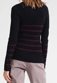 Navy ribbed knit sweater with horizontal maroon stripes, featuring a fitted design and long sleeves. The back view highlights the color contrast.