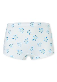 Vita bomullstrosor för pojkar med ett repetitivt mönster av blå sköldpaddor. Mjuk textur med en klassisk elastisk midjeband och utan synliga sömmar.