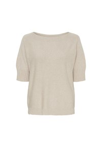 Beige kortærmet sweater med bådhals. Har ribbede manchetter og et struktureret strikdesign. Blødt stof med en afslappet pasform.