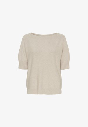 Beige kortærmet sweater med bådhals. Har ribbede manchetter og et struktureret strikdesign. Blødt stof med en afslappet pasform.