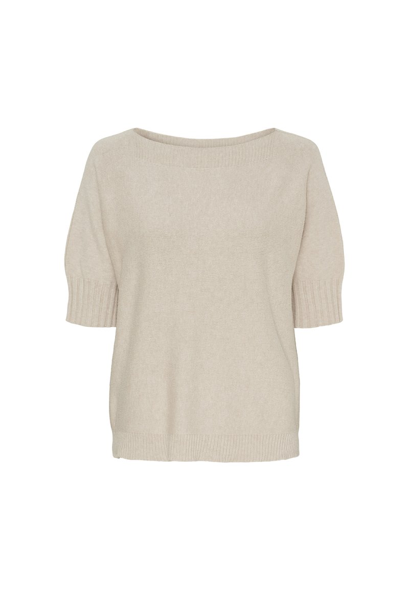 Beige kortærmet sweater med bådhals. Har ribbede manchetter og et struktureret strikdesign. Blødt stof med en afslappet pasform.