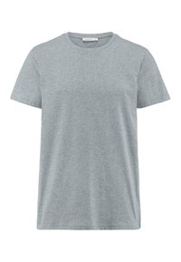 Grijze katoenen T-shirt met een ronde hals, korte mouwen en een ontspannen pasvorm. Soepele textuur; geen zichtbare patronen of accenten.