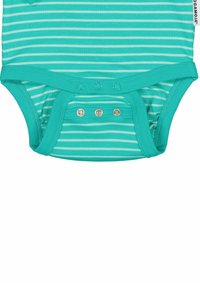 Turkosrandig bodysuit med tryckknappar nertill, tillverkad av mjuk bomull. Har korta ärmar och en rund halsringning.