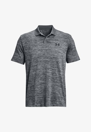 Koszulka polo z krótkim rękawem w ciemnoszarym kolorze, z teksturowanym wzorem melanżowym, z czarnym logo na klatce piersiowej i klasycznym wzorem kołnierzyka.