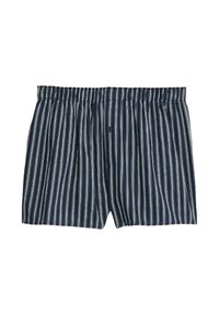 Mørkeblå boxer shorts med lodrette hvide striber, der har en elastisk talje og en enkelt knaplukning foran.