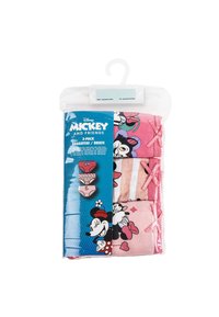 Driepack van kinderonderbroeken in roze en wit. Bevat Disney-figuren, waaronder Minnie Mouse, met een mix van patronen en texturen.