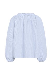Blouse rayée bleu et blanc avec un décolleté froncé et de longues manches bouffantes, fabriquée en tissu léger, présentant des rayures verticales.