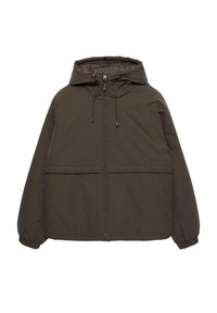 Donkerbruine capuchonjas met ritssluiting, elastische manchetten en twee zakken aan de voorkant. Gladde synthetische stof met een matte afwerking.