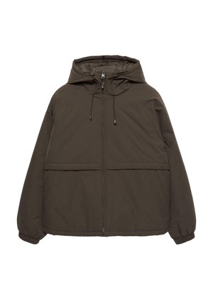 Veste à capuche marron foncé avec fermeture éclair, poignets élastiques et deux poches avant. Tissu synthétique lisse à finition mate.