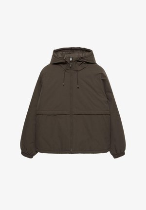 Giacca con cappuccio di colore marrone scuro, con chiusura a zip, polsini elastici e due tasche anteriori. Tessuto sintetico liscio con finitura opaca.
