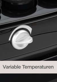 Superficie dell'elettrodomestico nera con un pomello di controllo della temperatura variabile in argento dotato di un indicatore a quadrante curvo. Il testo recita "Temperature Variabili".