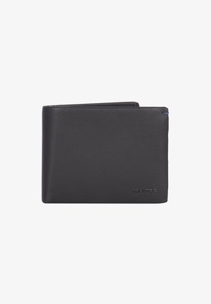 Czarny skórzany portfel o gładkiej fakturze, w modelu składanym na pół, z tłoczonym logo z przodu. Kompaktowy kształt i minimalistyczny styl.