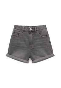 Gray denim shorts with a high waist, rolled cuffs, front pockets, and a button closure. Features a faded texture throughout.