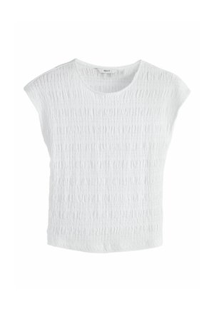 Biały teksturowany top z okrągłym dekoltem, krótkimi rękawkami typu cap i luźnym krojem. Posiada wzór z pomarszczonej tkaniny dla dodatkowego efektu.
