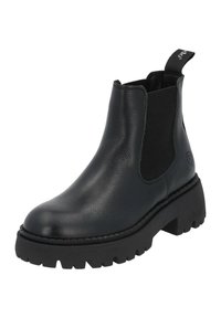 Botas Chelsea de cuero negro con panel lateral elástico, puntera redonda y suela gruesa con tracción. Cuenta con un tirador para facilitar el uso.