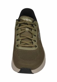 Olive green athletic shoe with a breathable mesh upper, lace-up closure, padded collar, and a flexible rubber sole. Model: Skechers ArchFit.