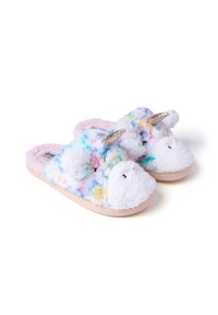 Zapatillas de unicornio esponjosas que presentan colores pastel, acentos metálicos y pompones, con una suela rosa y una parte superior de textura suave.