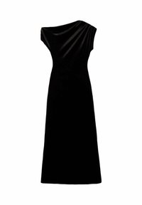 Vestido negro hasta el suelo con escote drapeado y mangas cortas. Confeccionado en tela lisa y texturizada, presenta una silueta ajustada.