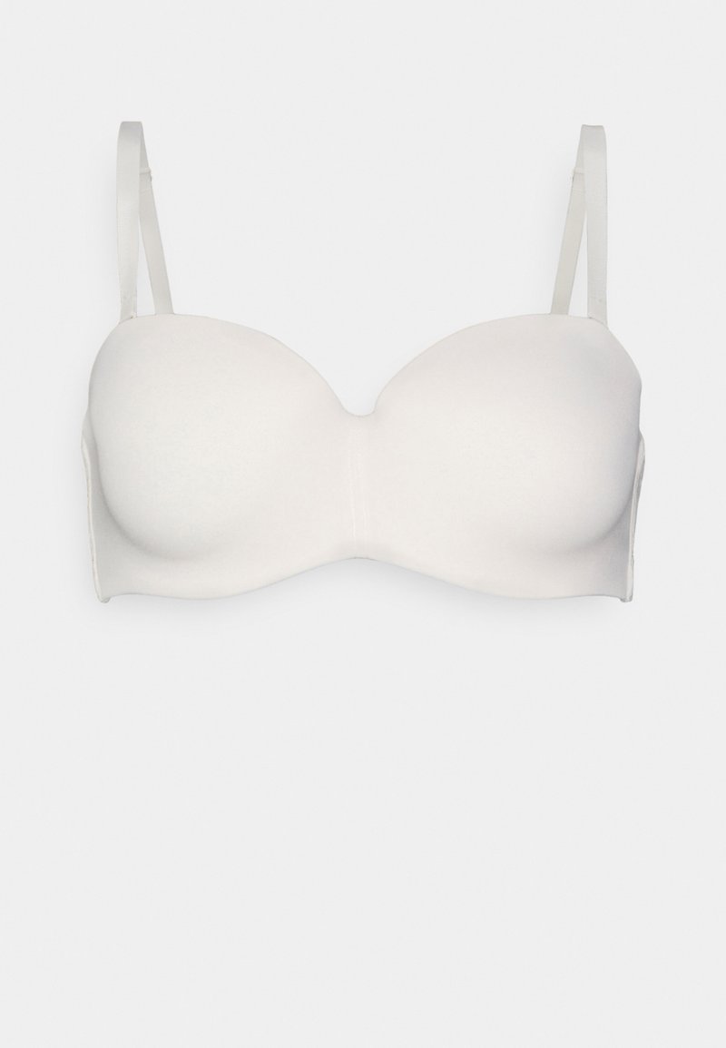 Reggiseno bianco imbottito con tessuto liscio, spalline regolabili e un design strutturato e senza cuciture. Forma classica per un uso versatile.
