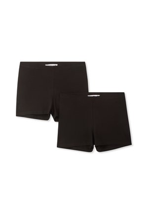 Pantaloni corti neri in misto cotone con design aderente, dotati di una cintura morbida e senza motivi o dettagli visibili. Due paia esposti.