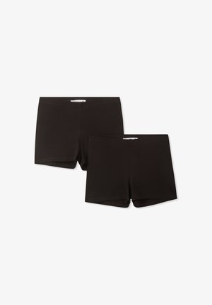 Pantaloni corti neri in misto cotone con design aderente, dotati di una cintura morbida e senza motivi o dettagli visibili. Due paia esposti.
