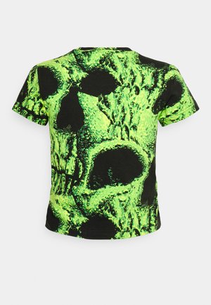 Mustat t-paidat, joissa on kirkas vihreä pääkallo -grafiikka. Lyhyet hihat, pyöreä kaula-aukko, pehmeää puuvillaa, joka on sileätä.