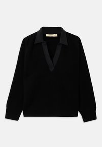 Schwarzer Pullover mit gerippter Textur, V-Ausschnitt und einem kontrastierenden schwarzen Kragen sowie langen Ärmeln. Einfaches Design ohne sichtbare Muster.