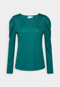 Dlouhý rukáv, teal ribbed top s kulatým výstřihem a nafouknutými detaily na ramenech. Vyrobeno z hladkého, elastického materiálu pro pohodlí.