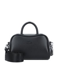 Borsa in pelle nera con design arrotondato, manici superiori doppi e una tracolla removibile con branding impressa. Elementi in hardware argentato.