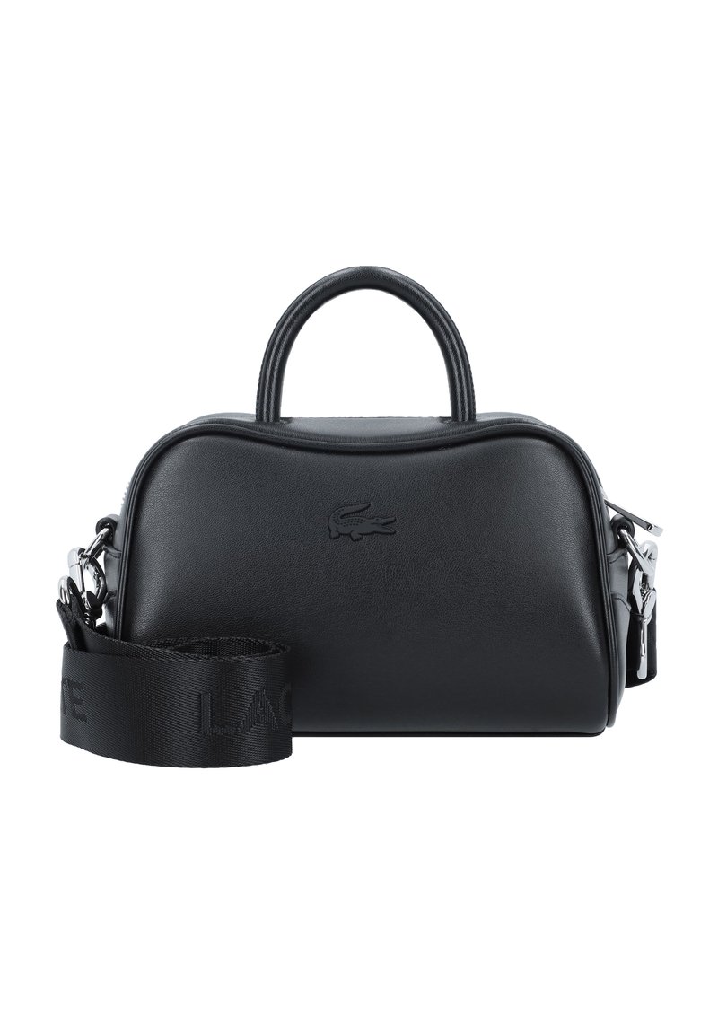 Borsa in pelle nera con design arrotondato, manici superiori doppi e una tracolla removibile con branding impressa. Elementi in hardware argentato.