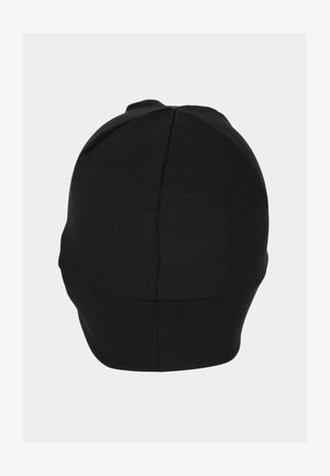 Schwarze Beanie-Mütze aus dehnbarem Stoff, die eine enge Passform, ein einfaches Design und eine nahtlose Verarbeitung ohne sichtbare Verzierungen aufweist.