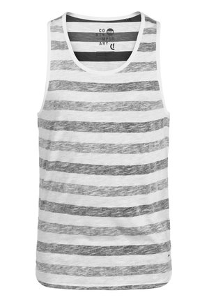Grå och vit randig linne med rund halsringning och ärmlös design. Tillverkad av ett mjukt, lätt tyg med en melerad textur.