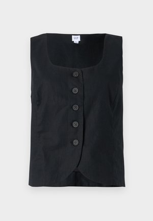 Musta ilma varrukatega topp, valmistatud tekstuursetest kangast, ümara kaelusega ja ees viie musta nööbiga, mis tagavad kinnituse.