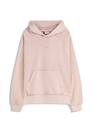 Vaaleanpunainen puuvillaneule, jossa on etuosassa kengurutasku, brodeerattu logo ja raglan-hihat. Pehmeä kangas, jossa on ribbikuvioidut hihansuut ja helma.
