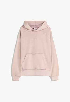 Svijetlo ružičasta pamučna dukserica s kangaroo džepom sprijeda, izvezenim logom i raglan rukavima. Mekana tekstura s rebrastim manžetama i rubom.