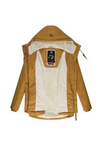 Geel polyester jack met een witte fleece voering, met een capuchon, een rits aan de voorkant en knoopsluitingen. Binnenlabel aanwezig.