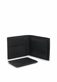 Zwarte leren portemonnee met meerdere vakken voor kaarten en een compartiment voor contant geld, met een gladde textuur en een minimalistisch design.