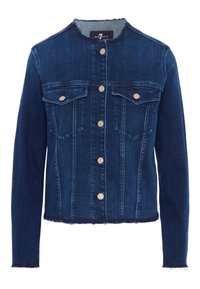 Dunkelblaue Jeansjacke mit rundem Halsausschnitt, zwei Brusttaschen, Knöpfen vorne und fransigem Saum. Mit vertikalen Nähten und klassischer Passform gestylt.