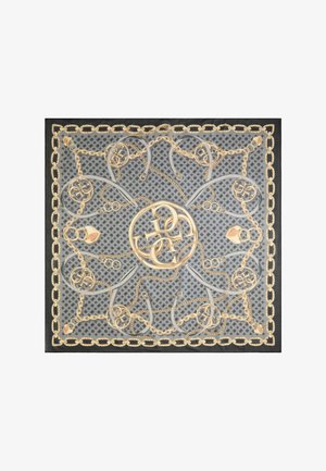 Zijden sjaal met een patroon van een gouden ketting en logo op een grijze achtergrond, afgezet met een contrasterende zwarte rand.